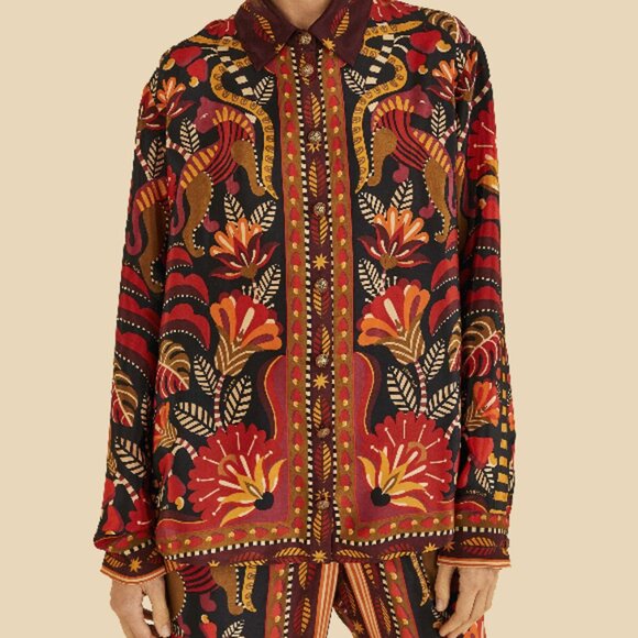 Farm Rio Red Nature Beauty Scarf Shirt (Size L) - Picture 1 of 11